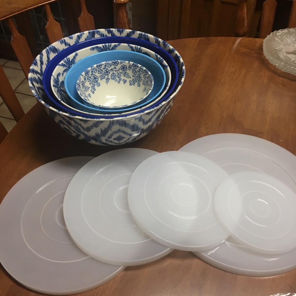 10 Pc Tropical Melamine Bowls w/Lids Blue & White - Picture 7 of 8